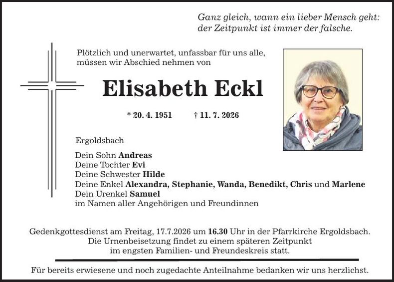 Traueranzeige Elisabeth Eckl