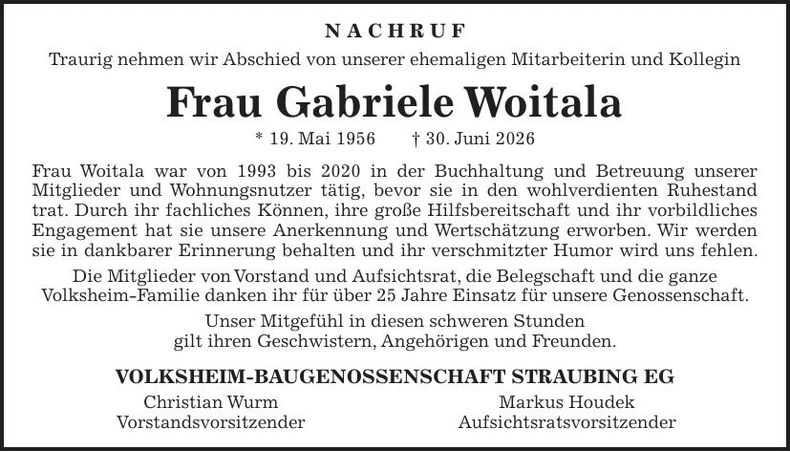 Traueranzeige Gabriele Woitala