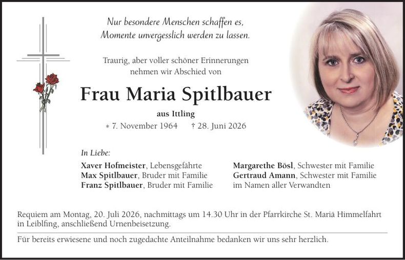 Traueranzeige Maria Spitlbauer