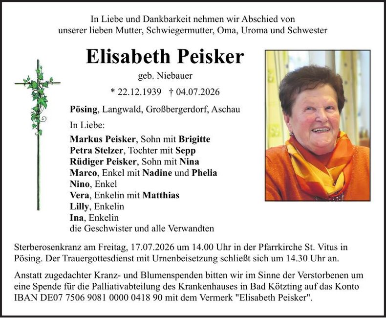 Traueranzeige Elisabeth Peisker