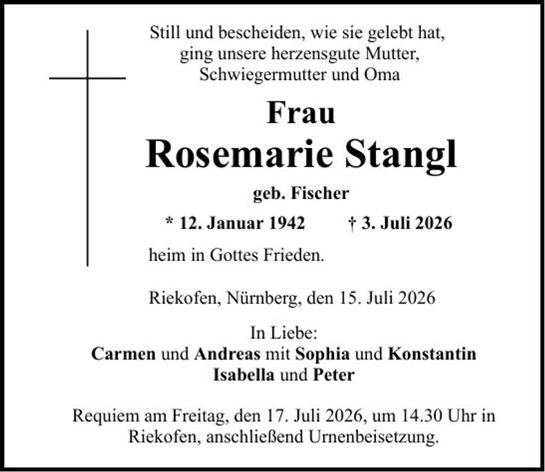 Traueranzeige Rosemarie Stangl