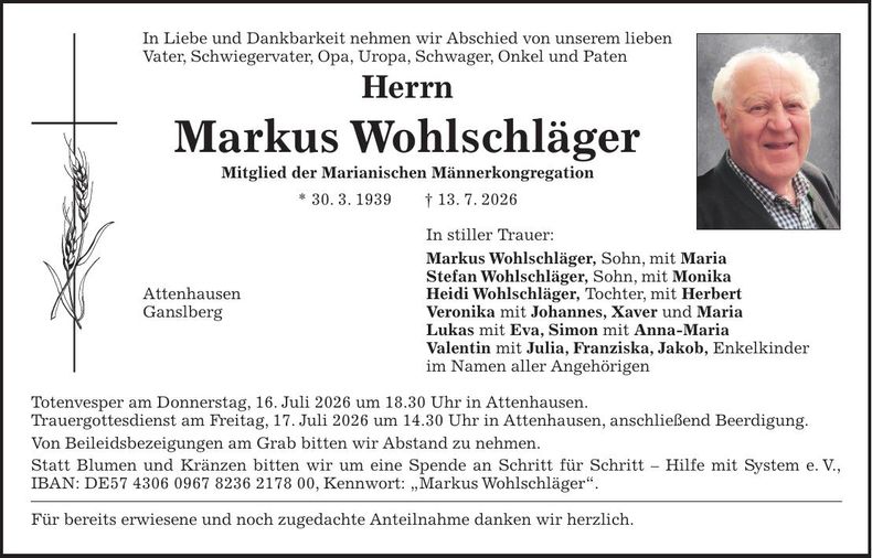 Traueranzeige Markus Wohlschläger