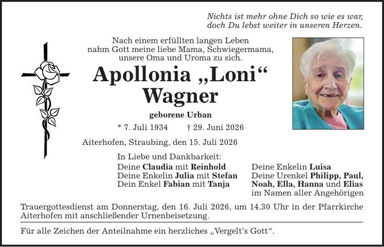 Traueranzeige Apollonia "Loni" Wagner