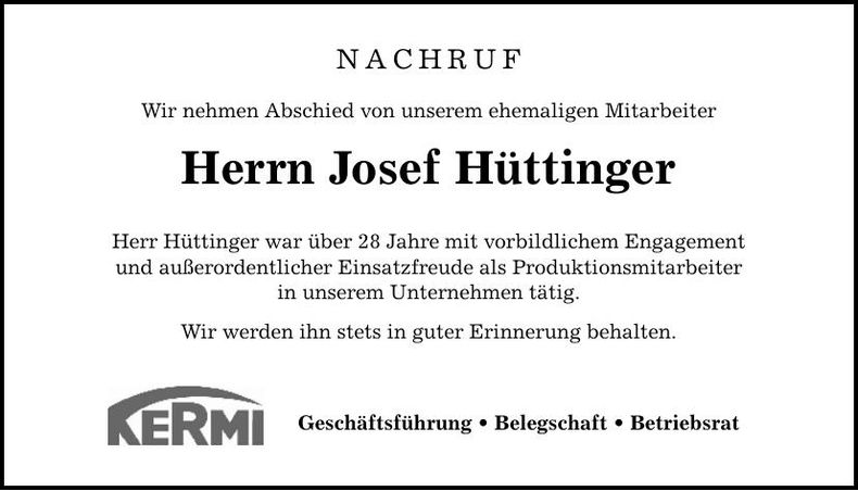 Traueranzeige Josef Hüttinger