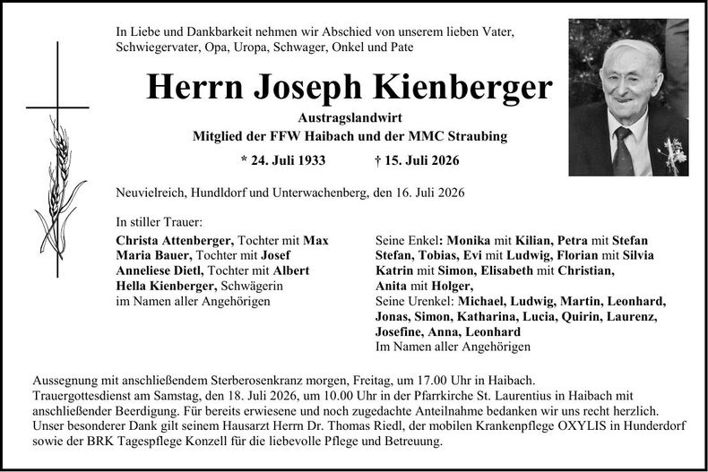 Traueranzeige Joseph Kienberger