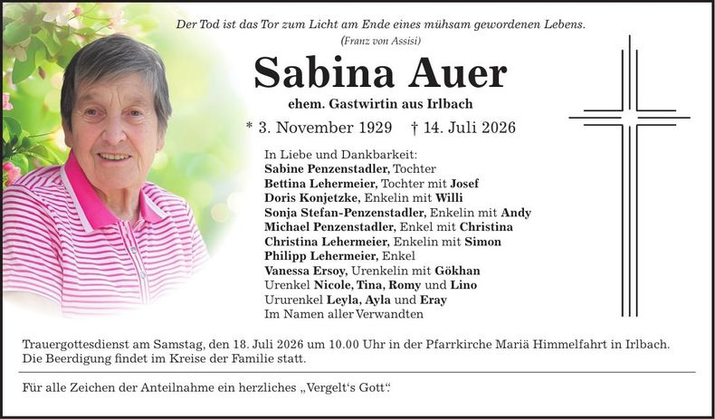 Traueranzeige Sabina Auer