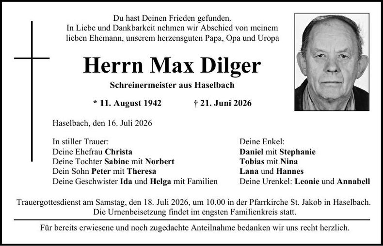 Traueranzeige Max Dilger