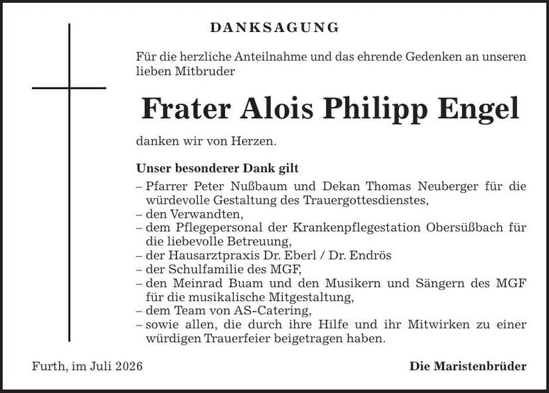 Traueranzeige Frater Alois Engel