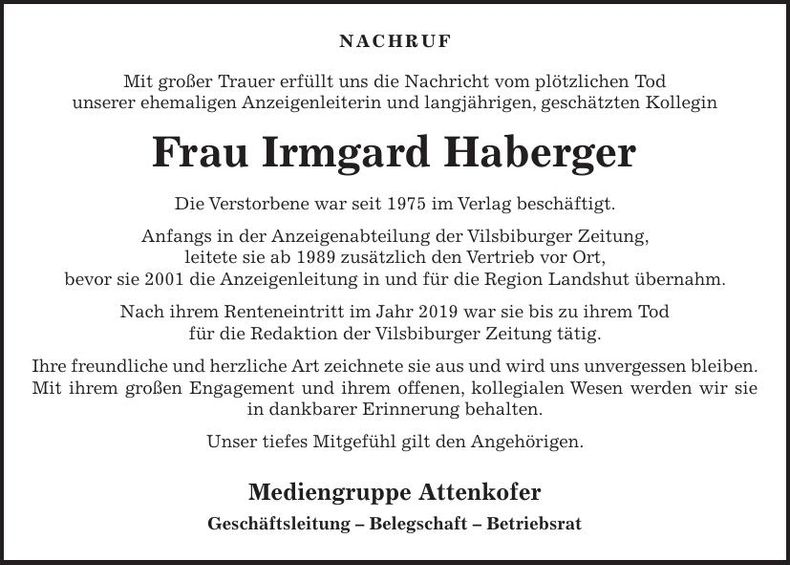 Traueranzeige Irmgard Haberger