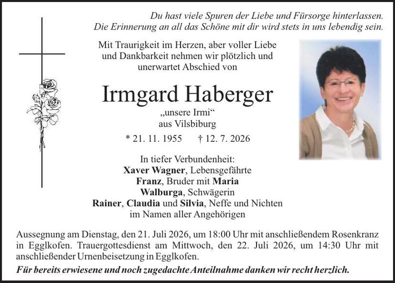 Traueranzeige Irmgard Haberger