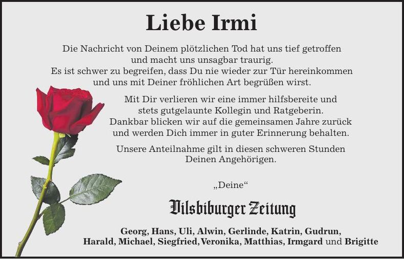 Traueranzeige Irmgard Haberger 