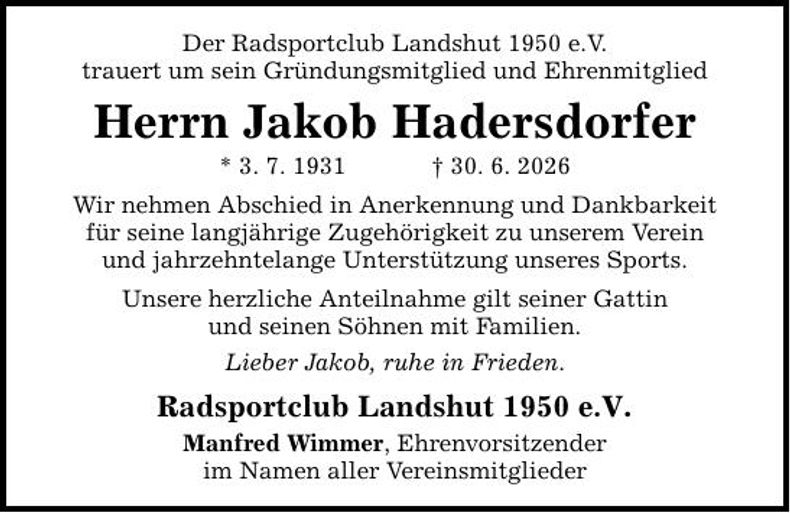 Traueranzeige Jakob Hadersdorfer
