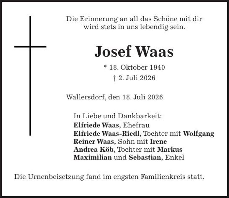 Traueranzeige Josef Waas
