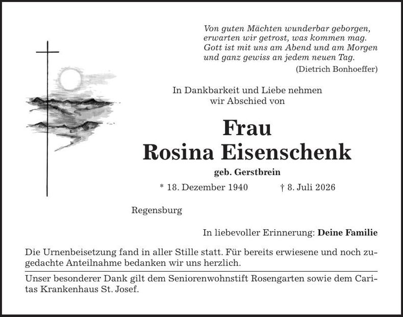 Traueranzeige Rosina Eisenschenk