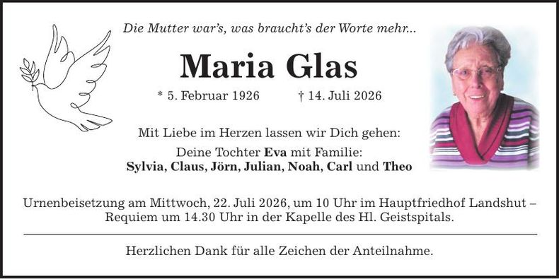 Traueranzeige Maria Glas