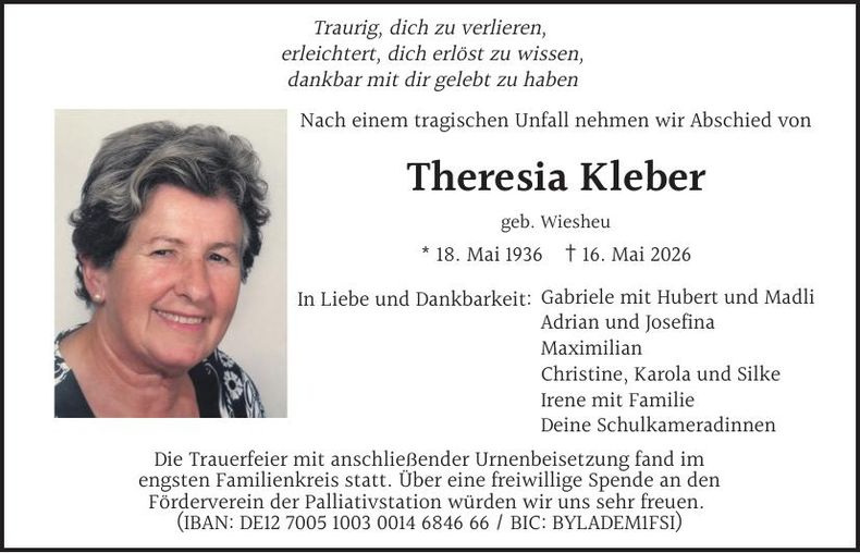 Traueranzeige Theresia Kleber 