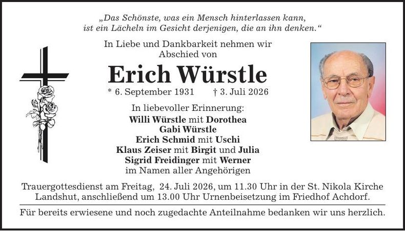 Traueranzeige Erich Würstle