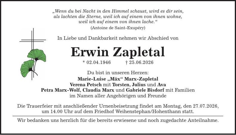Traueranzeige Erwin Zapletal