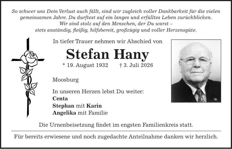 Traueranzeige Stefan Hany