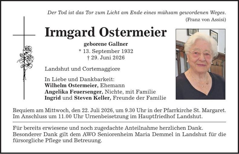 Traueranzeige Irmgard Ostermeier