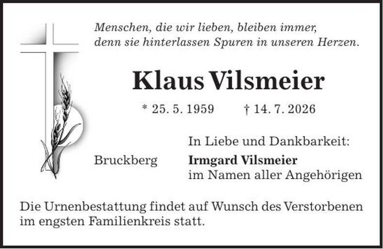 Traueranzeige Klaus Vilsmeier