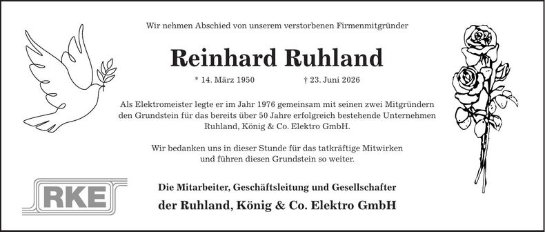 Traueranzeige Reinhard Ruhland