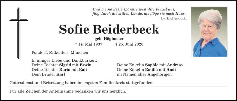 Traueranzeige Sofie Beiderbeck