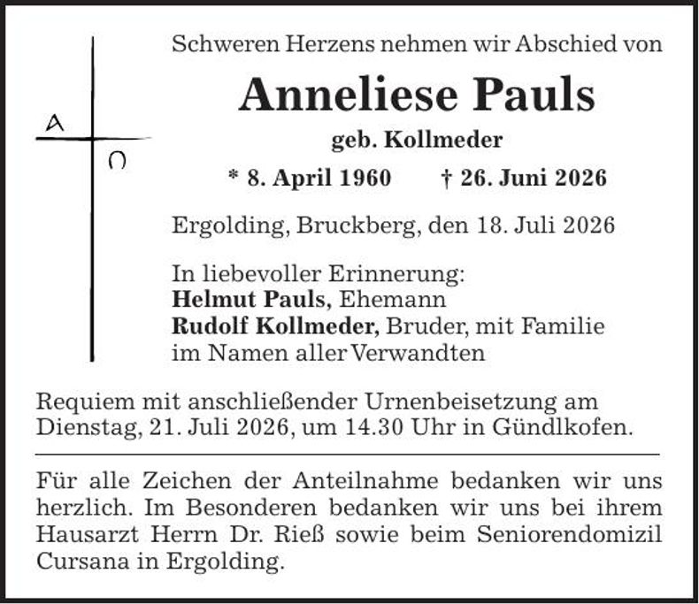 Traueranzeige Anneliese Pauls