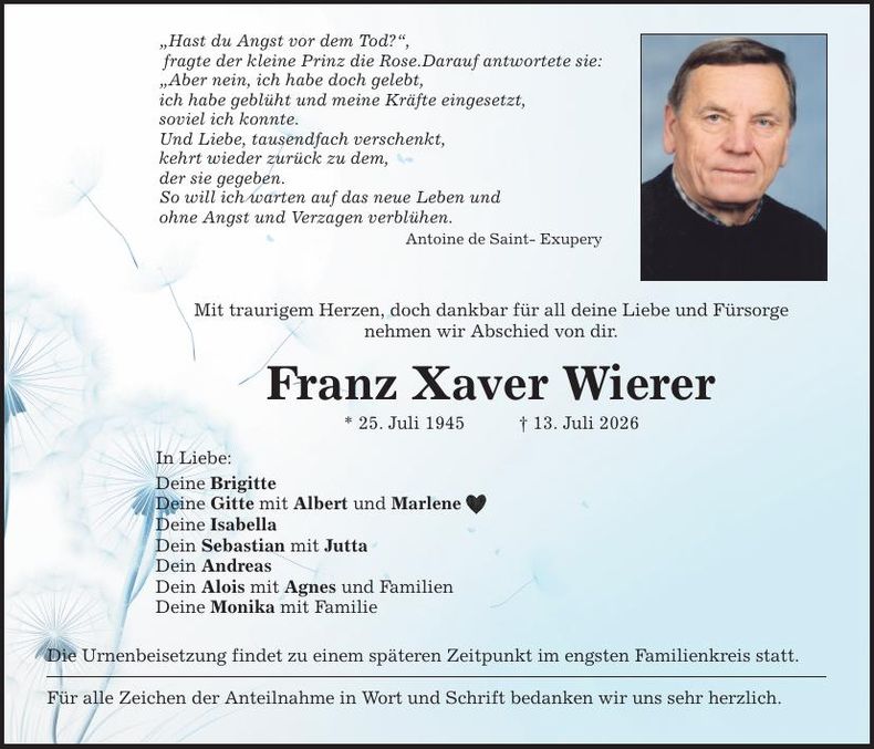 Traueranzeige Franz Xaver Wierer