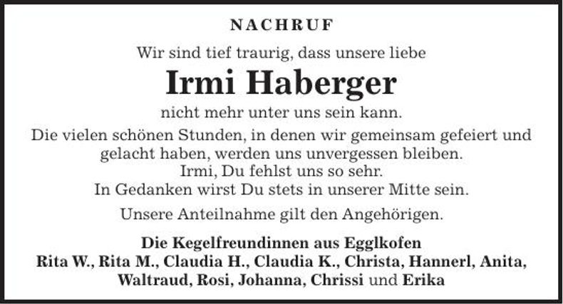 Traueranzeige Irmi Haberger