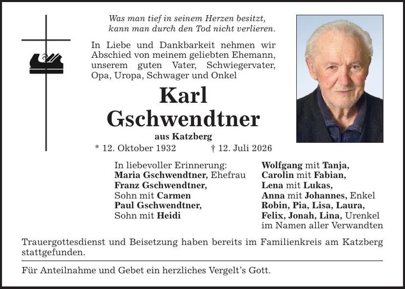 Traueranzeige Karl Gschwendtner