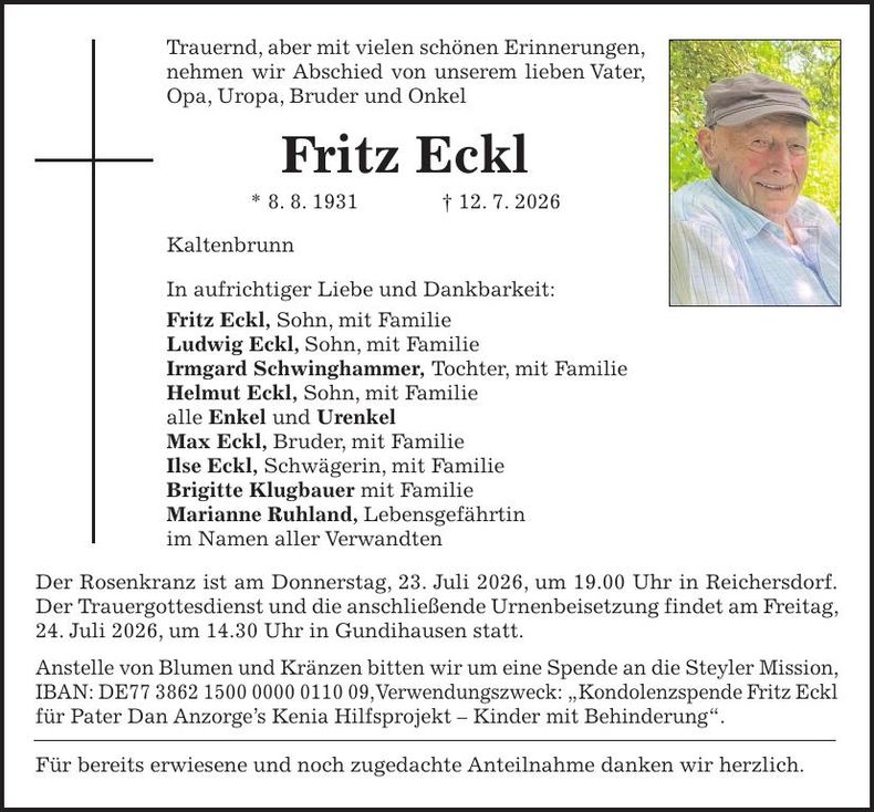 Traueranzeige Fritz Eckl