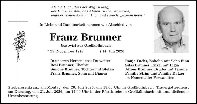 Traueranzeige Franz Brunner