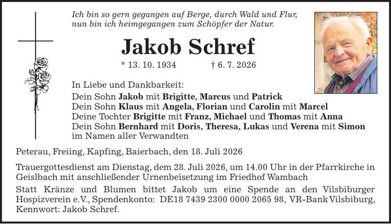 Traueranzeige Jakob Schref
