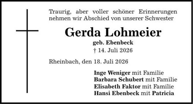 Traueranzeige Gerda Lohmeier