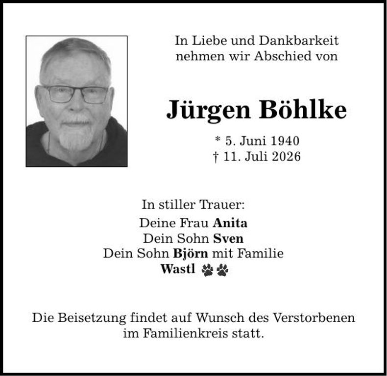 Traueranzeige Jürgen Böhlke