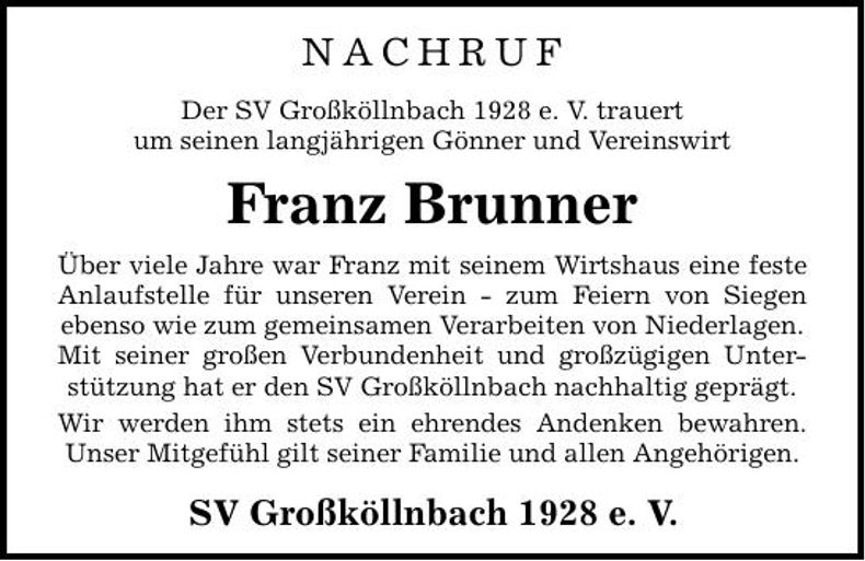 Traueranzeige Franz  Brunner