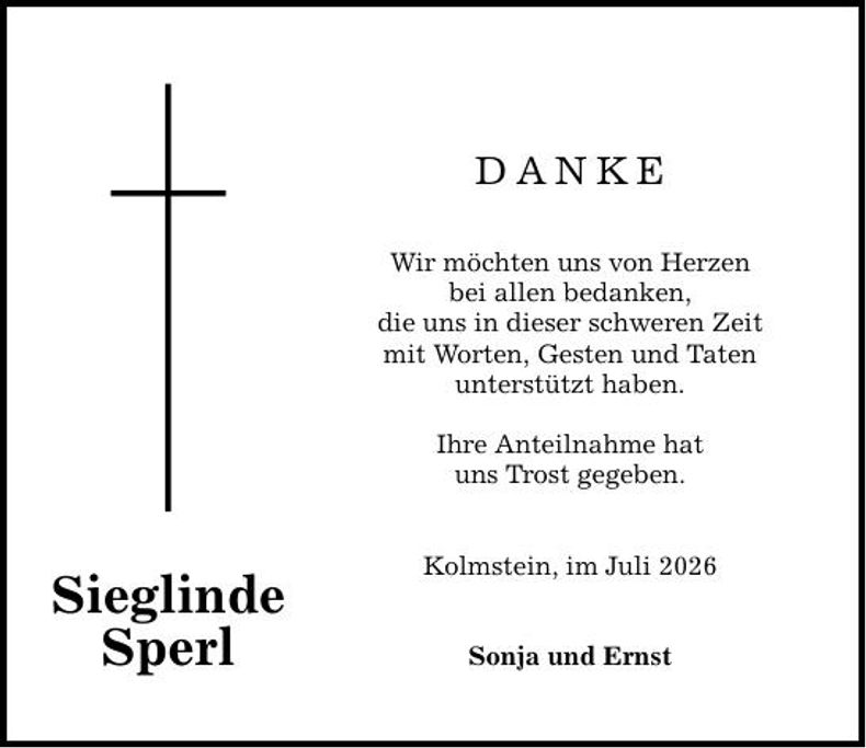 Traueranzeige Sieglinde Sperl