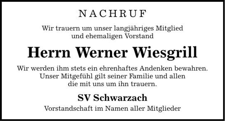 Traueranzeige Werner Wiesgrill