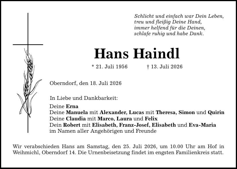 Traueranzeige Hans Haindl