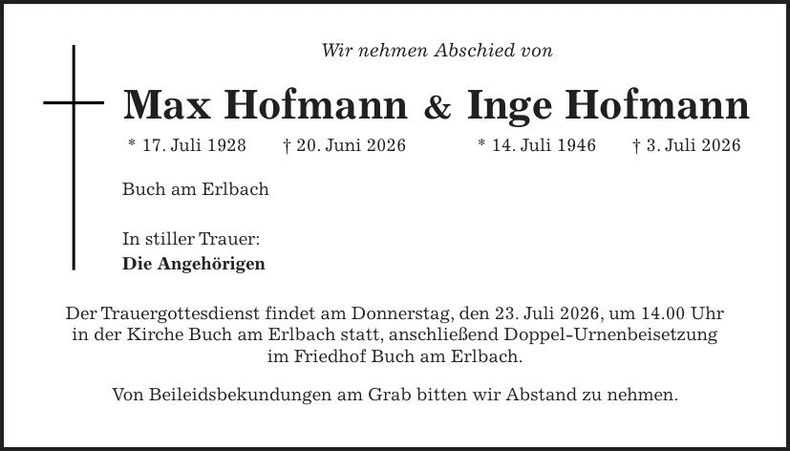 Traueranzeige Inge, Max Hofmann