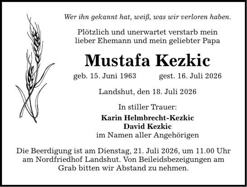 Traueranzeige Mustafa Kezkic