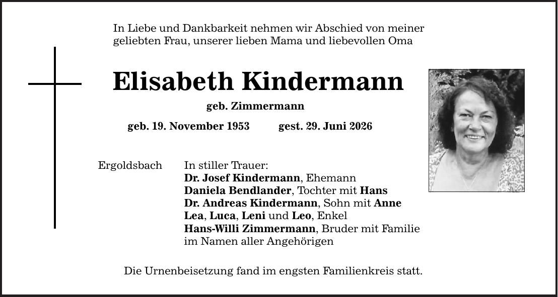 Traueranzeige Elisabeth Kindermann