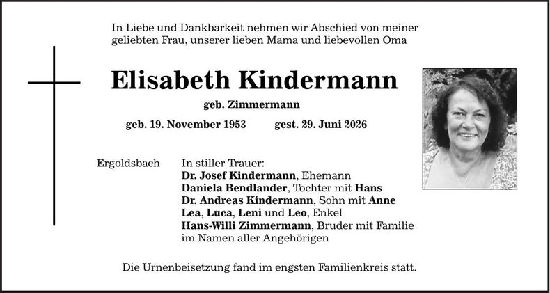 Traueranzeige Elisabeth Kindermann