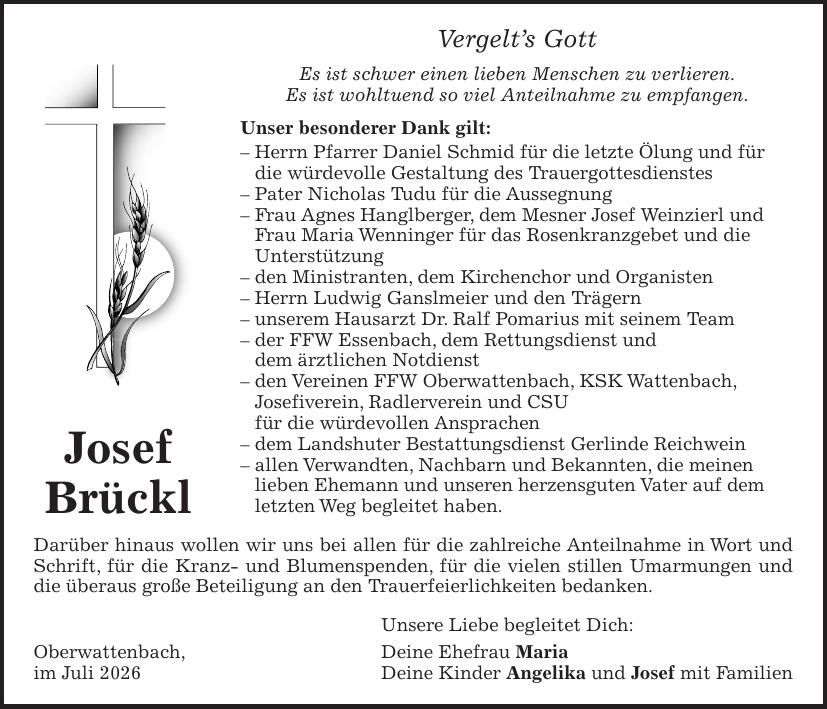 Traueranzeige Josef Brückl