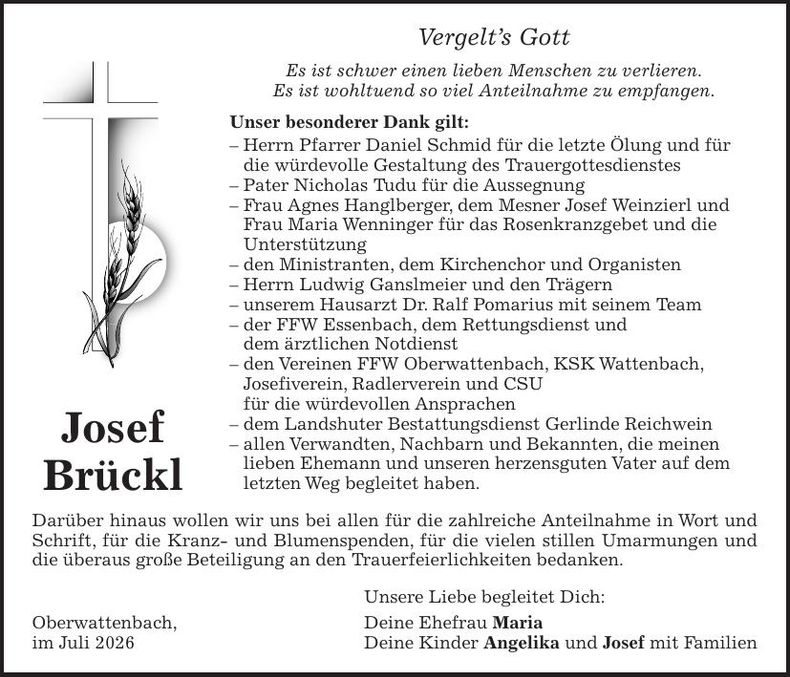 Traueranzeige Josef Brückl