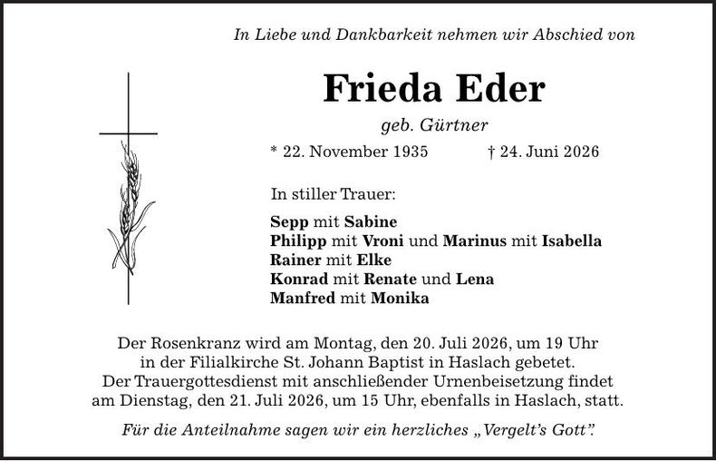 Traueranzeige Frieda Eder