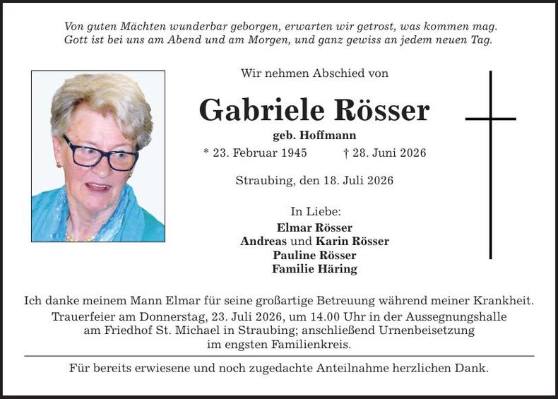 Traueranzeige Gabriele Rösser