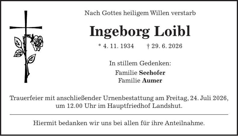 Traueranzeige Ingeborg Loibl
