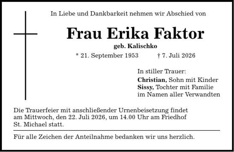 Traueranzeige Erika Faktor